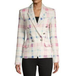 L'Agence Kenzie Double Breasted Tweed White Pink Blue Blazer 6 Spring Jacket